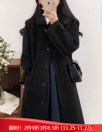 毛呢大衣女2021秋冬新款韩版修身女装学生呢子外套显瘦中长款 黑色 L